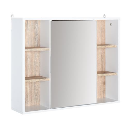 Miroir de salle de bain avec placard et étagères - 4 étagères latérales + 2 étagères intérieures - MDF panneaux particules blanc chêne clair