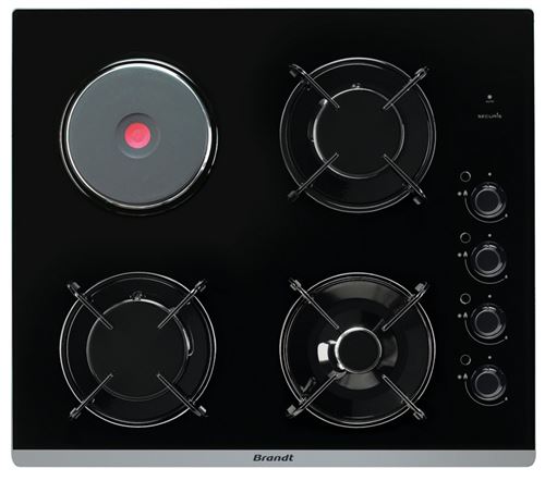Brandt BPG6413BM - Gas & elektrische kookplaat - 4 hobben - Niche - breedte: 56 cm - diepte: 48 cm - zwart - met afgeschuinde voorkant