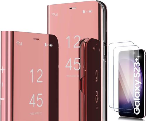 Coque Folio Rabat Miroir Pour Samsung Galaxy S23 Plus Couleur Rose + 2 Verres Trempe Protection Ecran Little Boutik©