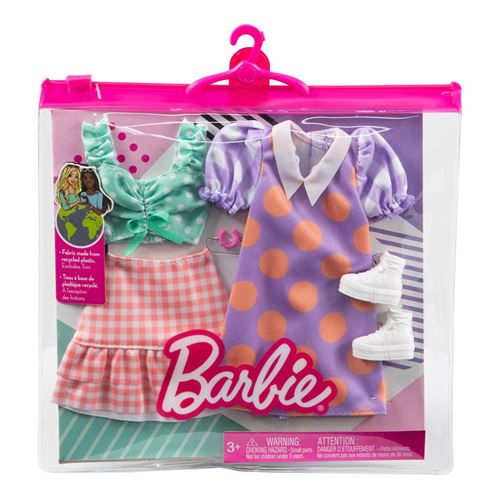 Mattel - Barbie Fashion Pack - HBV70 - Ensemble Tenues de vêtements pour poupée - Jupe, Chemisier, Robe à Pois, Bottes et Bracelet