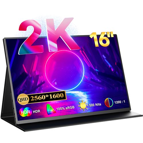 UPERFECT Écran portable 16 pouces 2560*1600 2K IPS, luminosité 500cd/m², 100% sRGB avec interface DHMI/Type C/OTG