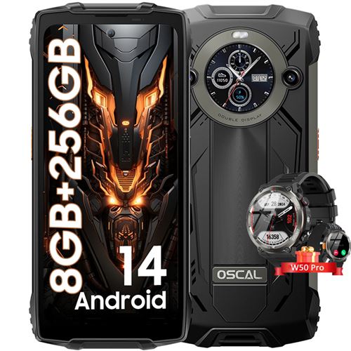 OSCAL PILOT 2 Smartphone Incassable 6.5 Double Écran (8+16)Go+256Go 50MP+32MP 8800mAh Noir avec Montre Connectée W50 Pro