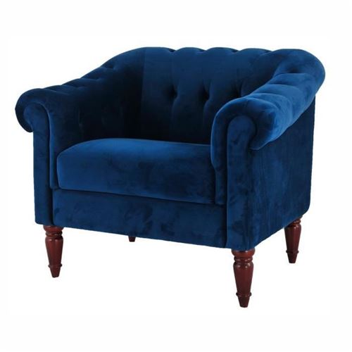 LIAM Fauteuil Chesterfield - Velours bleu petrol et pieds en bois - L 93,5 x P 80,5 x H 80 cm