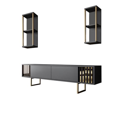 HANAH HOME Meuble TV en bois ""Gold Line"" - 180 x 30 x 48 cm - AnthraciteNoir