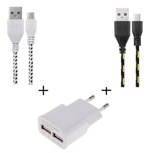 Pack Chargeur pour Manette Playstation 4 PS4 Smartphone Micro USB (Cable  Tresse 3m Chargeur + Prise Secteur USB) Murale Android (NOIR)