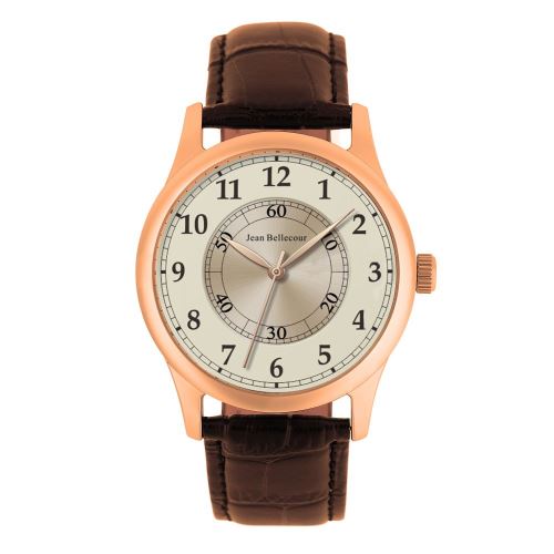 Montre Homme Jean Bellecour à Quartz Cadran Doré blanc 42mm Et Bracelet Marron En Cuir JB1043