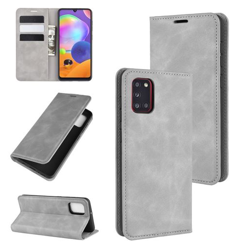 Etui en PU toucher soyeux auto-absorbé gris pour votre Samsung Galaxy A31