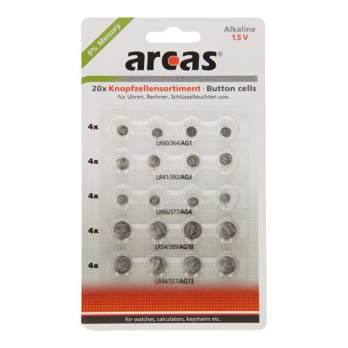 pile Arcas Button Cells Set AG1-AG13 0% Mercury/Hg (20 pièces)