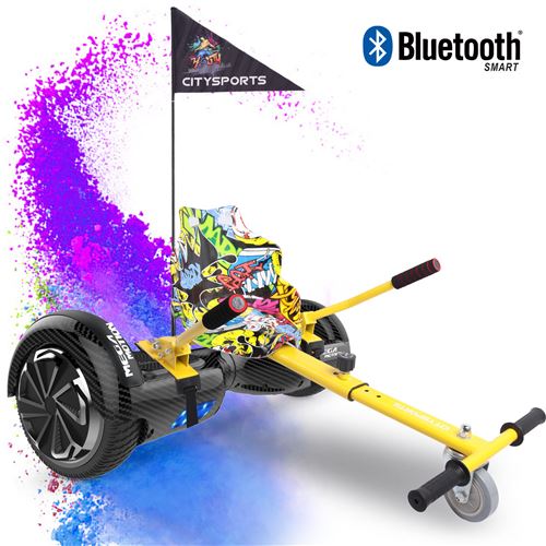Mega Motion Pack de Hoverboard 6.5 Pouces noir carbonne et hoverkart hip, Gyropode, Skateboard électrique Bluetooth Robuste