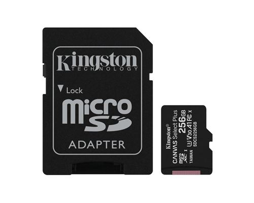 Kingston Canvas Select Plus - Carte mémoire flash (adaptateur microSDXC vers SD inclus(e)) - 256 Go - A1 / Video Class V30 / UHS Class 3 / Class10 - microSDXC UHS-I