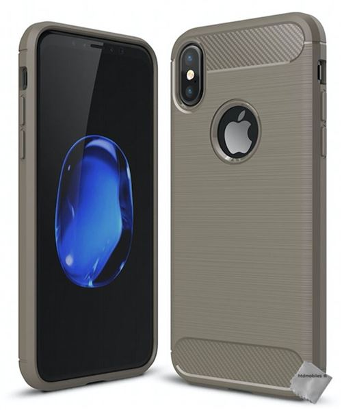 Housse etui coque silicone gel carbone pour Apple iPhone XS avec verre trempe - GRIS