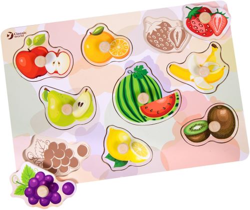Puzzle bouton en bois les fruits 9 pieces pour enfant - puzzle a encastrer avec illustration sous les pieces