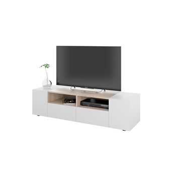 Meuble TV ALICE 4 portes et 2 niches de rangement L138cm - Blanc et bois - 1