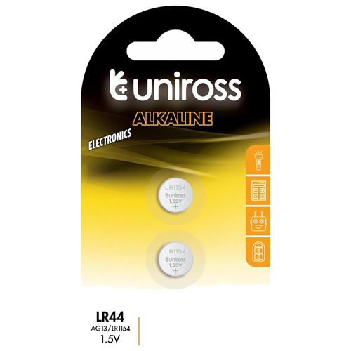 UNIROSS Pack de 2 Piles Boutons Alcaline LR44/AG13/LR1154 - 1,5V