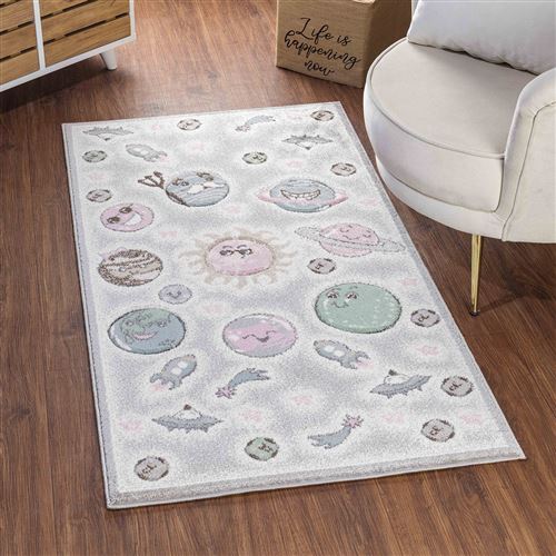 SURYA Tapis de Chambre d'Enfant Planètes Animées Beige et Gris 80