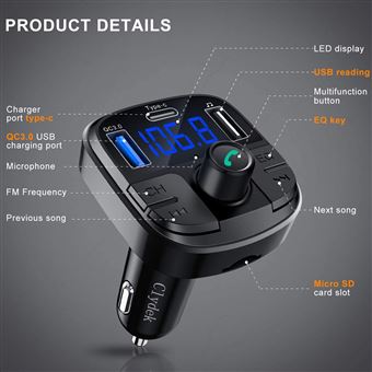 Transmetteur FM Bluetooth 5.0 Pour Voiture - Allume-Cigare, Charge Rapide QC3.0, Appels Mains Libres