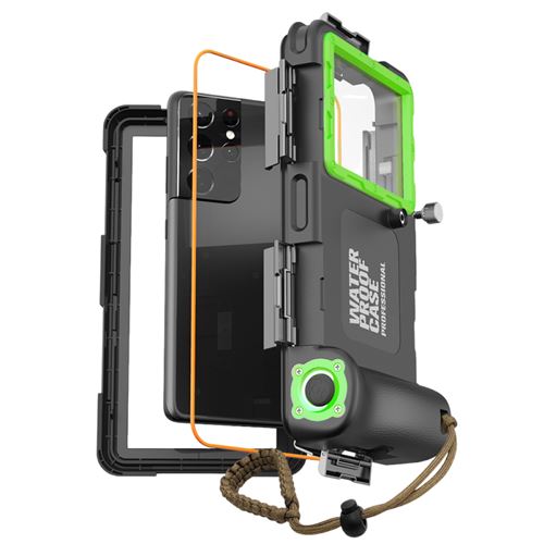 Coque de plongée professionnelle FLOODKING iPhone 13/14 Pro – Étanche 15m/1h,écran tactile HD joint anti-fuite, Noir Vert