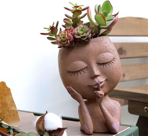 Pot de fleurs en résine, vase créatif en forme de tête humaine B pour la décoration de la maison et du jardin marron