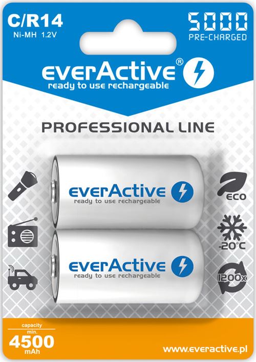 Pack de 2 piles rechargeables R14/C 5000 mAh pré-chargée - Everactive