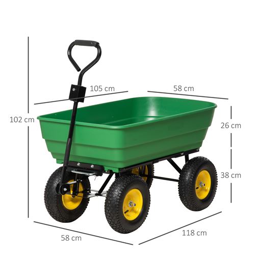 Chariot de jardin inclinable 75 litres Ranieri vert 4 roues
