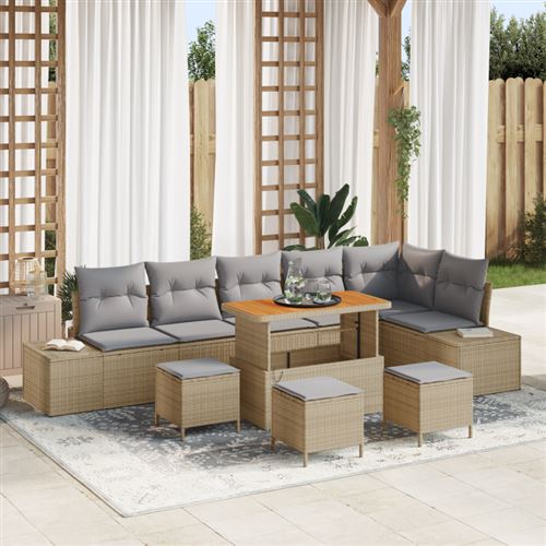 Non Communiqué Beige Ensemble De Canapé De Jardin 10 Pièces Avec Coussins Poly Rotin Acacia, Canapé De Jardin 2 Places Avec Coussins Poly Roti