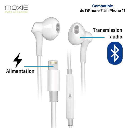 Kit Piéton Stéréo Lightning Bluetooth Moxie KPIP7PREM Compatible de iPhone 7 à l'iPhone 11 Pro Max - Blanc