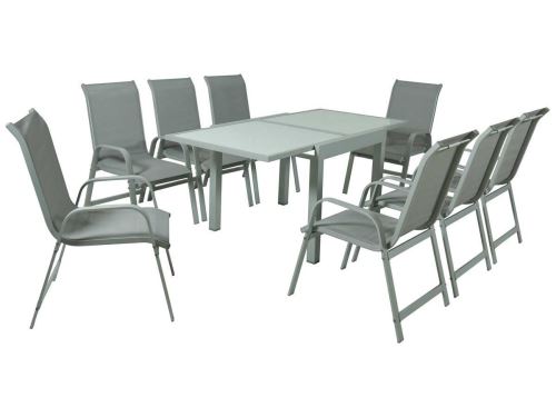 Salon de jardin extensible 90/180 porto 8 - phoenix - argenté/gris clair - 1 table + 8 fauteuils