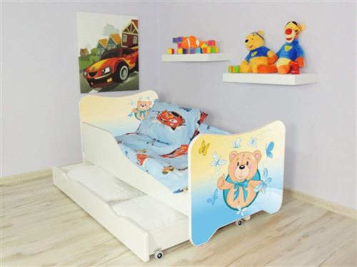 Bebegavroche Pack Complet Lit tiroir Junior Ourson = Lit+Matelas & Parure+Couette+Oreiller