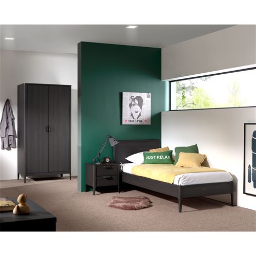 Lit 90x200 - Armoire 2 portes et Chevet 2 tiroirs Azalea - Marron foncé