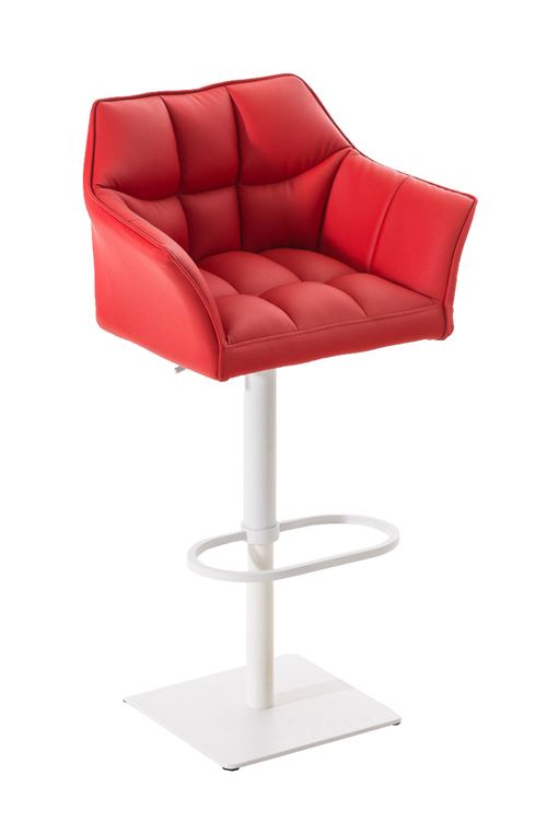 Tabouret de bar Damaso en similicuir -Repose-pieds intégré - Siège rembourré - Piètement Blanc - Siège Rouge