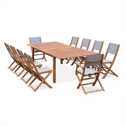 Sweeek Salon de jardin en bois extensible - Almeria - table 200/250/300cm avec 2 rallonges 2 fauteuils et 8 chaises en bois d'Eucalyptus huilé et text