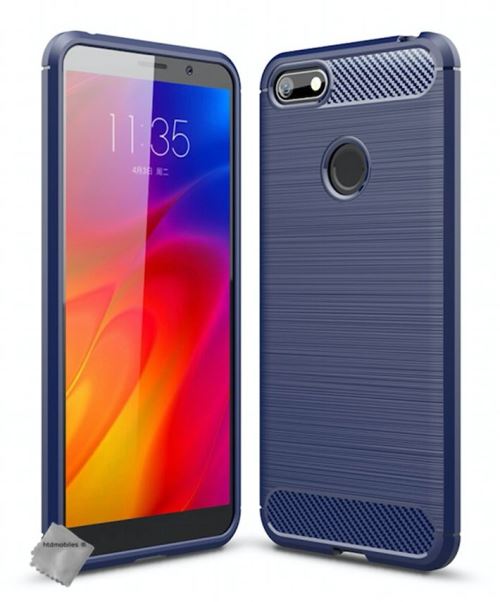 Housse etui coque silicone gel carbone pour Motorola Moto E6 Play avec film ecran - BLEU FONCE
