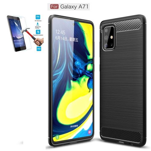 Coque Samsung Galaxy A71 Carbone Noir Avec Film Verre Trempé Housse Etui En Silicone Gel Souple hfs-house®