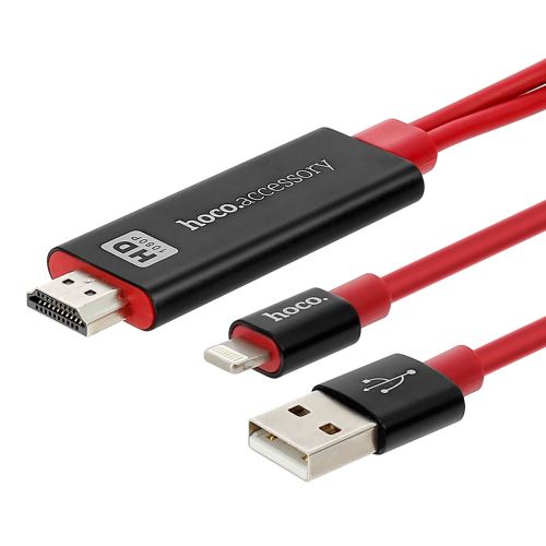 Câble MHL Lightning vers HDMI Mâle Adaptateur Vidéo iPhone iPad Hoco 2m Rouge