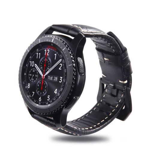 Bracelet en cuir véritable 22mm universel crocodile/noir pour votre Samsung Gear S3 Classic/Frontier etc