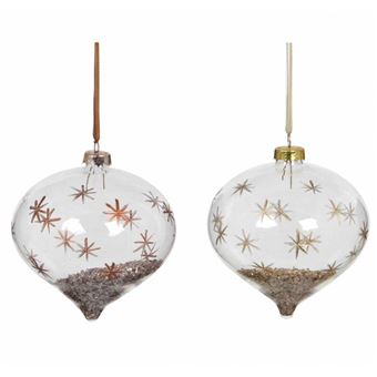 Lhéritier Du Temps Duo Boules Noël Forme Poire Verre Décor Flocons Peints Et Poudre De Métal à Lintérieur Suspension Sapin De Noël 9x10x10cm