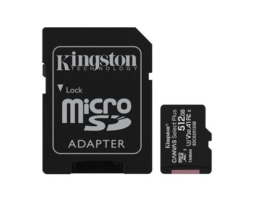 Kingston Canvas Select Plus - Carte mémoire flash (adaptateur microSDXC vers SD inclus(e)) - 512 Go - A1 / Video Class V30 / UHS Class 3 / Class10 - microSDXC UHS-I