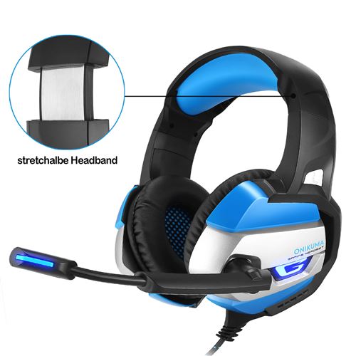 Onikuma K5 Casque de Jeu pour PS4, Casque Stéréo Gamer Antibruit sur l'Oreille avec Micro et Contrôle du Volume Bleu