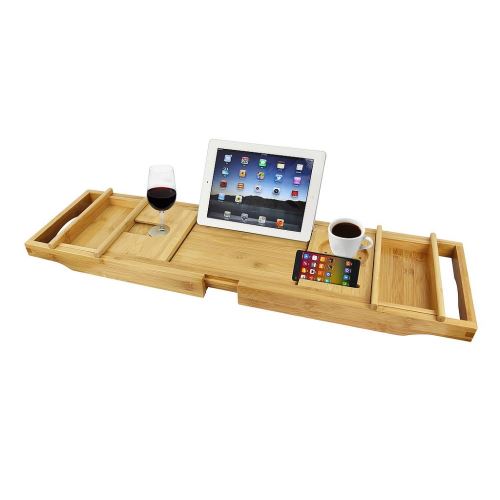 Todeco - Plateau de Baignoire, Etagère à Baignoire en Bois, Avec 2 supports amovibles et porte-savon, tissu noir, Matériau: Bambou