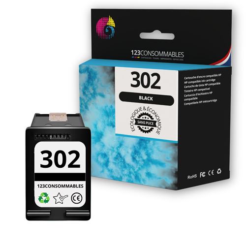 123CONSOMMABLES - 302 - Cartouche d'encre compatible avec HP 302 Noir Cartouche Encre pour OfficeJet 3831 3833 3830, DeskJet 3630 2130 3632, Envy 4520 4525 4527 (sans puce)