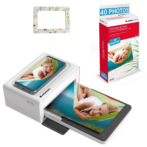 AGFA PHOTO Pack Imprimante Realipix Moments + Cartouches et papiers 40 photos + Joli cadre magnetique - Impression Bluetooth Photo 10x15 cm, iOS et Android, 4Pass Sublimation Thermique - Blanc