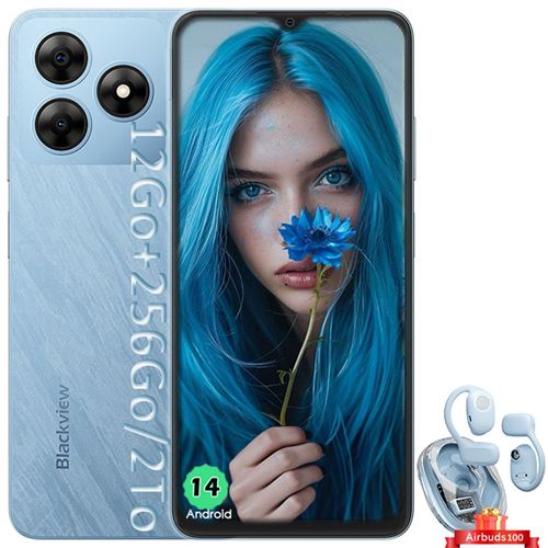 Blackview WAVE 8 Téléphone Portables 6.56 Android 14 ROM 256 Go Double SIM Bleu avec Blackview Airbuds 100