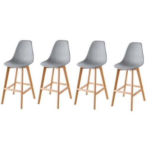 SACHA Lot de 4 Tabourets de bar - Pieds en Hetre - Gris - L 45,5 x P 56 x H 102 cm