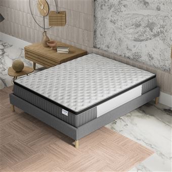 Ensemble matelas ressorts ensachés + sommier 140x190cm, Matelas 30cm d’épaisseur accueil mémoire de forme et sommier tissu gris - 1