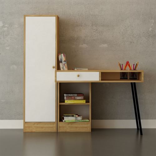 HOMEMANIA Bureau Tuna - avec armoire intégrée, étagère, portes, porte-stylos - pour bureau, studio, chambre - Chêne, Blanc, Noir en Bois, Métal, 100 x 60 x 140 cm