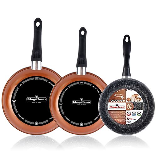 Magefesa Copper Lot de 3 poêles 20Ø24Ø28Ø, fabriquées en acier vitrifié Crema