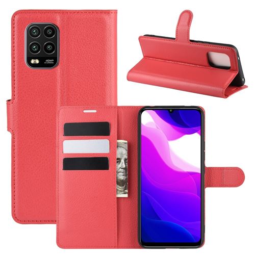 Etui en PU peau de litchi avec support rouge pour votre Xiaomi Mi 10 Lite 5G