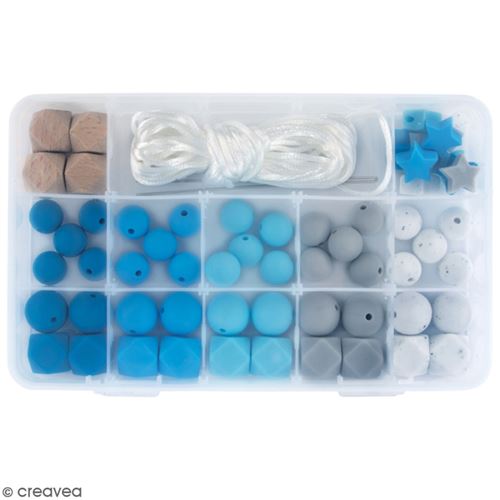 Assortiment de perles en silicone et bois - Bleu clair - 61 pcs
