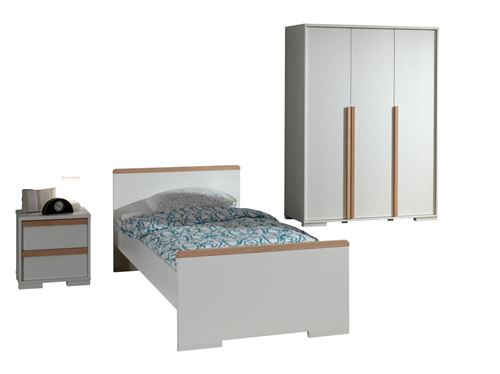 Lit 90x200 - Chevet 2 tiroirs et Armoire 3 portes London - Blanc