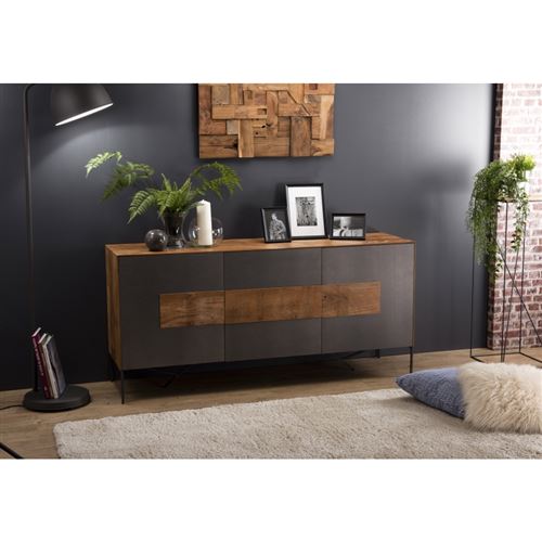 Buffet bois 2 portes 3 tiroirs Teck recyclé façade métal et pieds métal